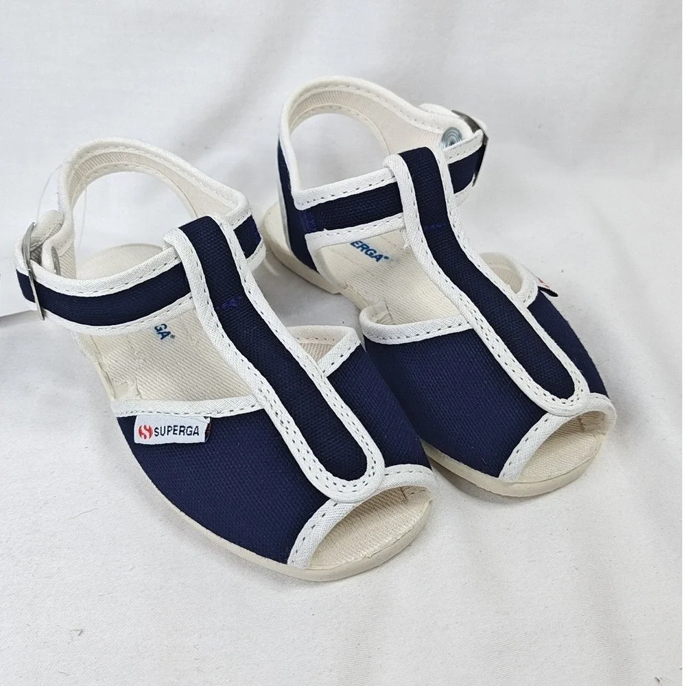 Superga 1200 COTJ Sandals Navy Blue Canvas T-Strap Kids Size 8.5 US 25 EU New